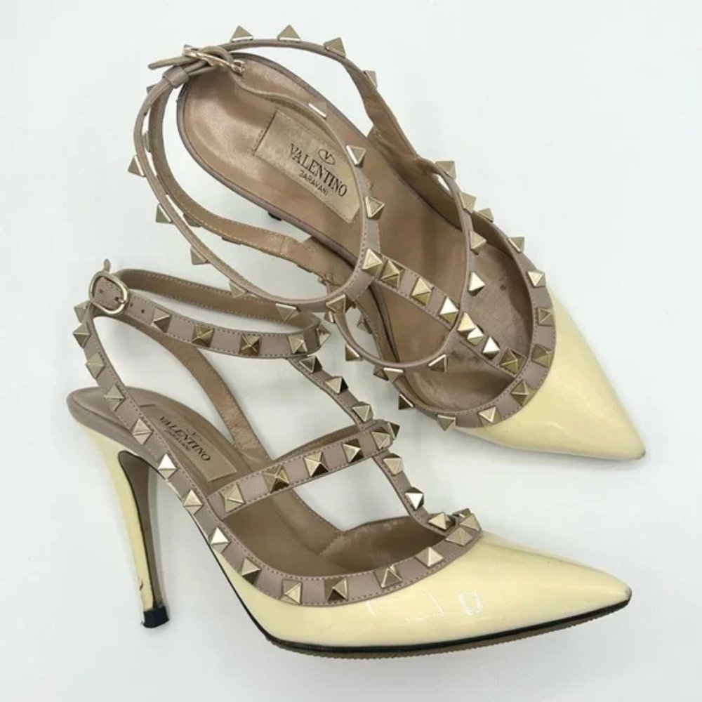Valentino Garavani Rockstud Caged Heels Pumps Patent Leather Cream 36